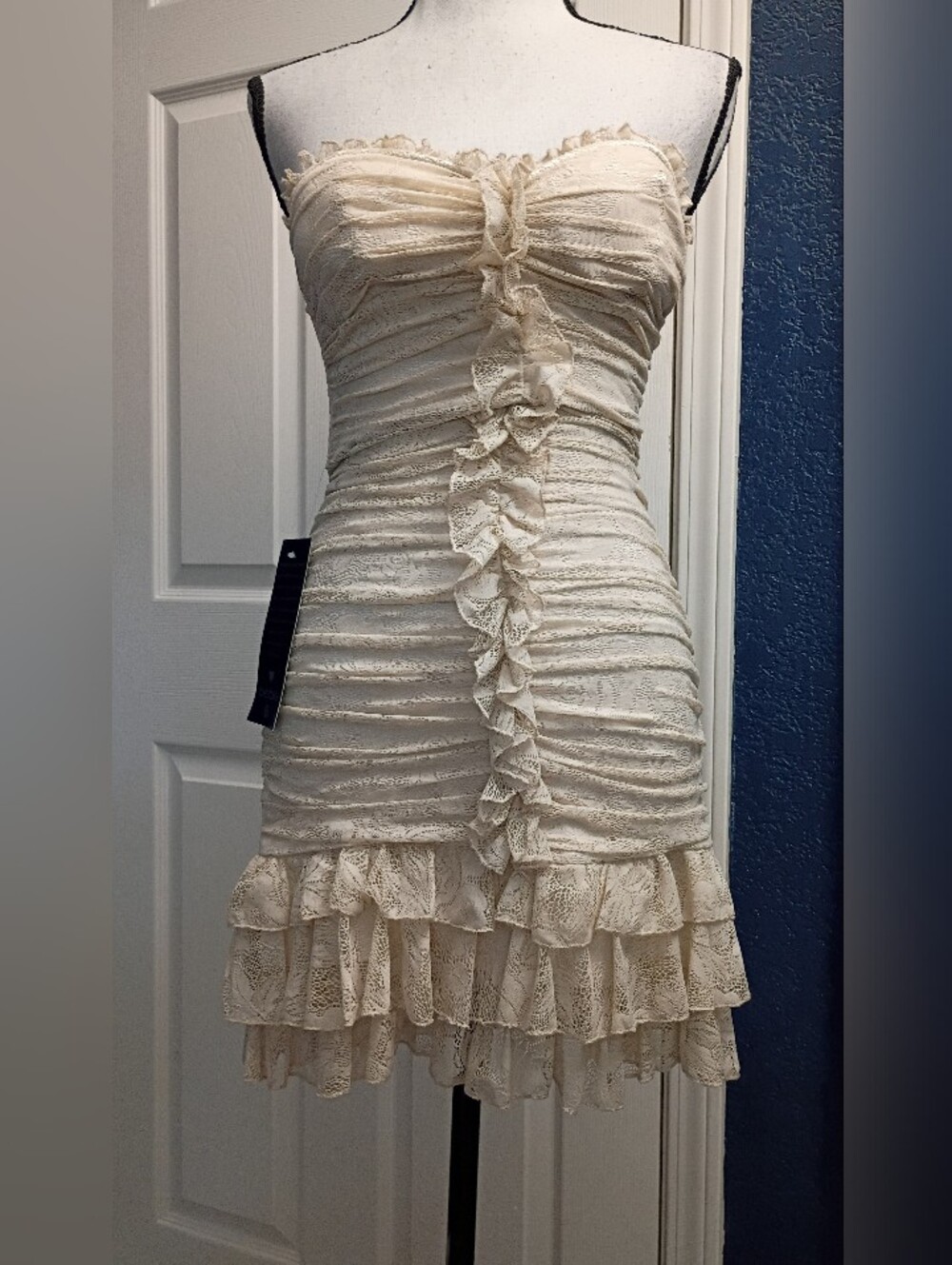 bebe Cream Strapless Lace Ruffle Mini Dress